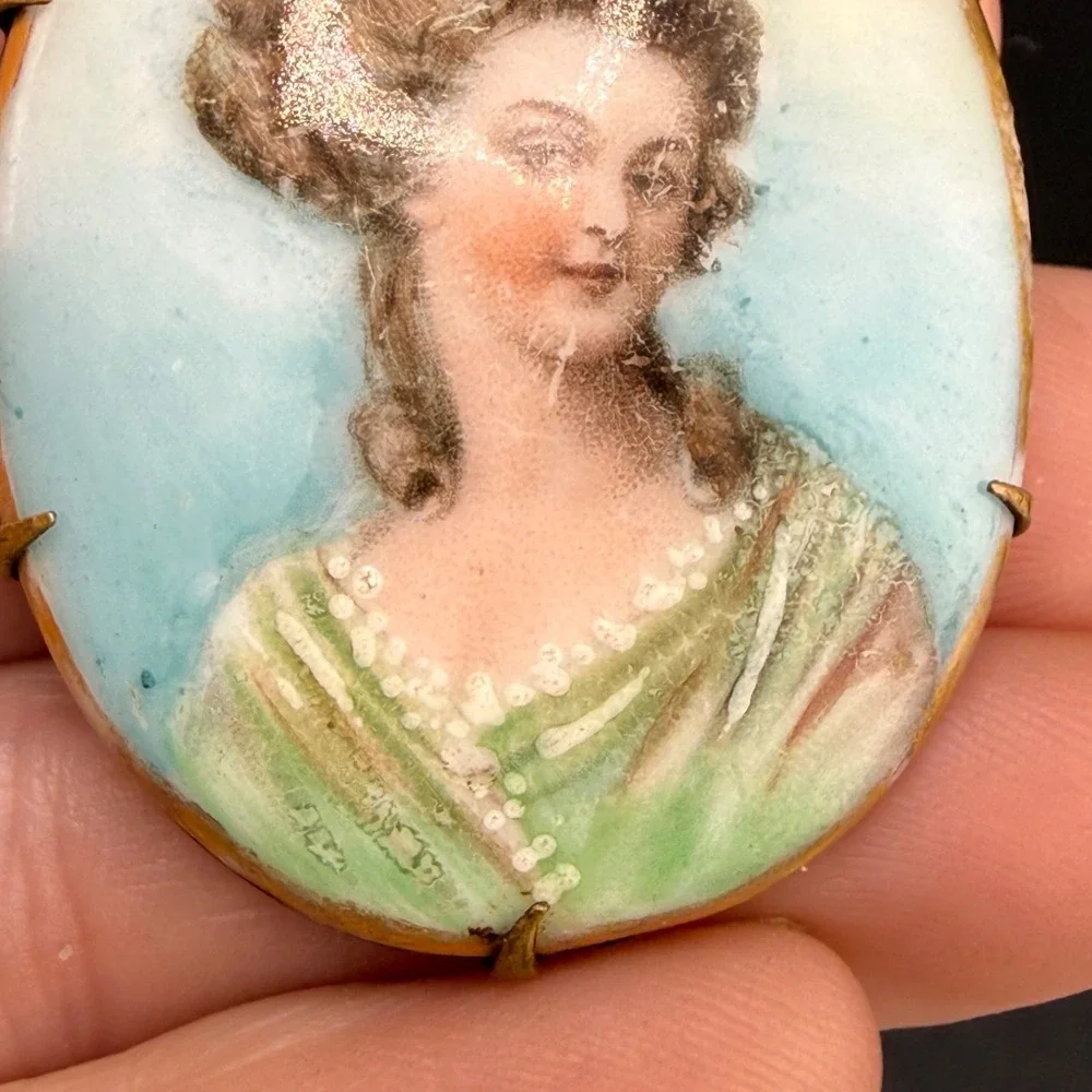 Vintage Victorian Painted Porcelain Brooch Woman